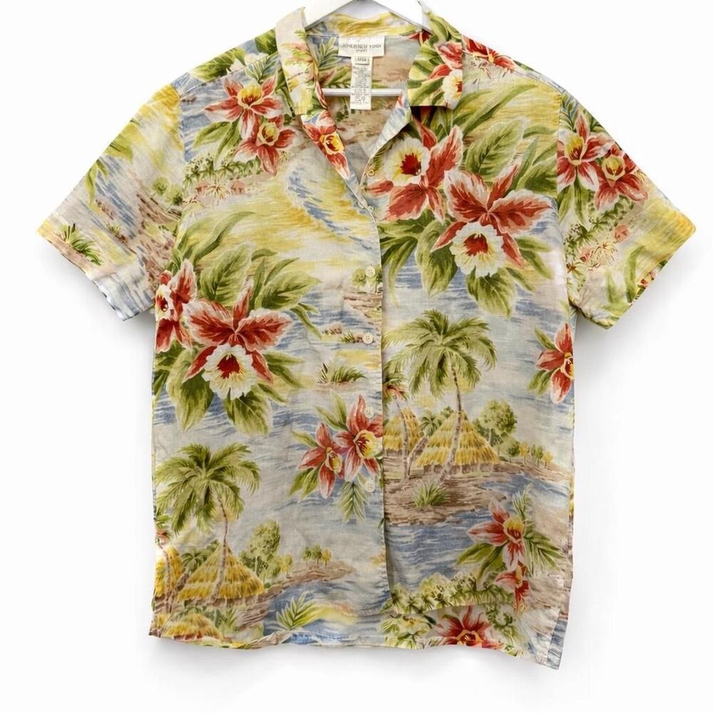 Jones New York Tropical Linen Shirt Sport Button Front Hawaii 90s